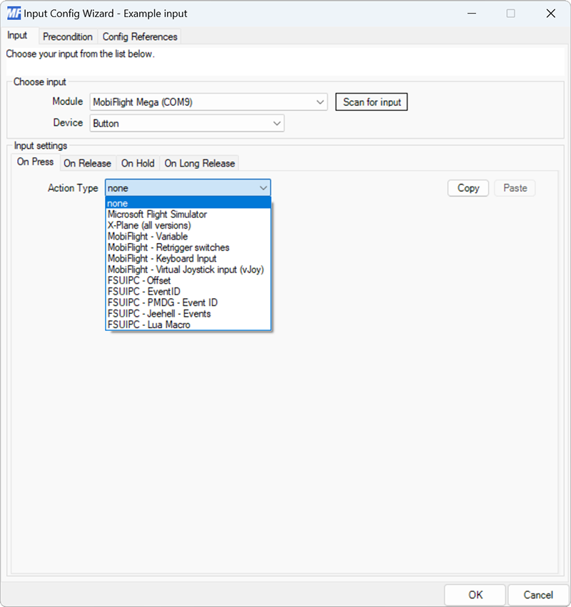 Screenshot of an input event config with the Action Types menu open.